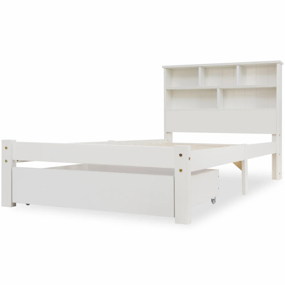 3ft Single Bed Frame with Shelves, White Wooden Storage Bed, Frame Only