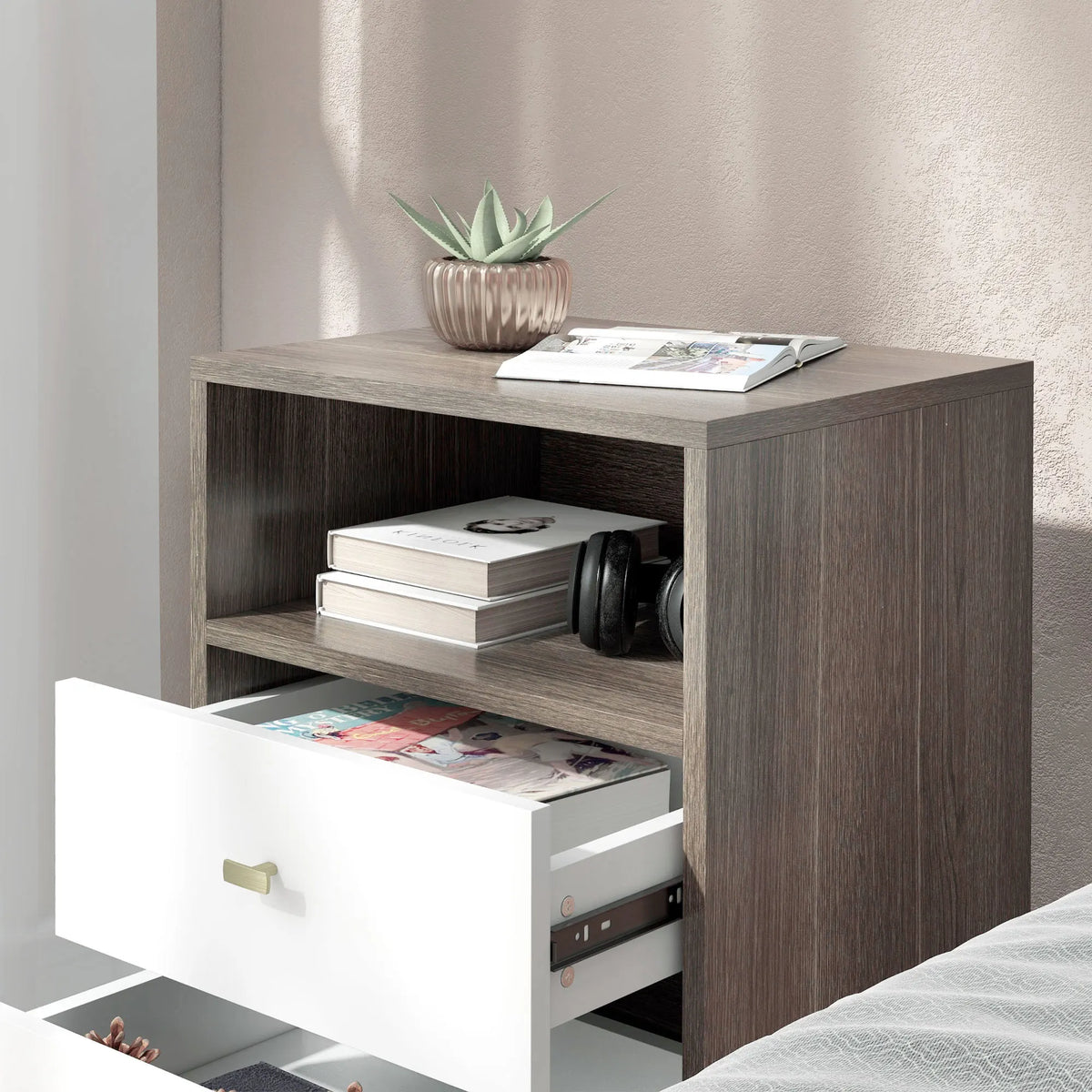 Bedside Tables Set of 2 with 2 Drawers and Open Shelf, White and Grey