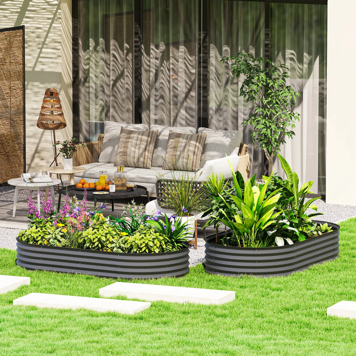 Set of 2 Raised Garden Beds with Metal Plant Stakes, Dark Grey