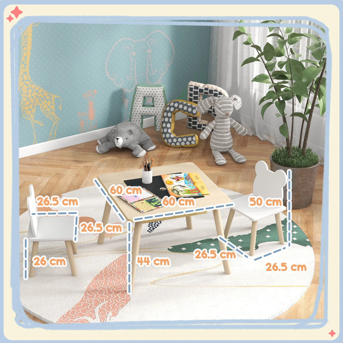 3 Piece Toddler Table and Chairs Set with 3 in 1 Flip Top Storage Grids and Bear Shaped Chairs 60x60x44cm