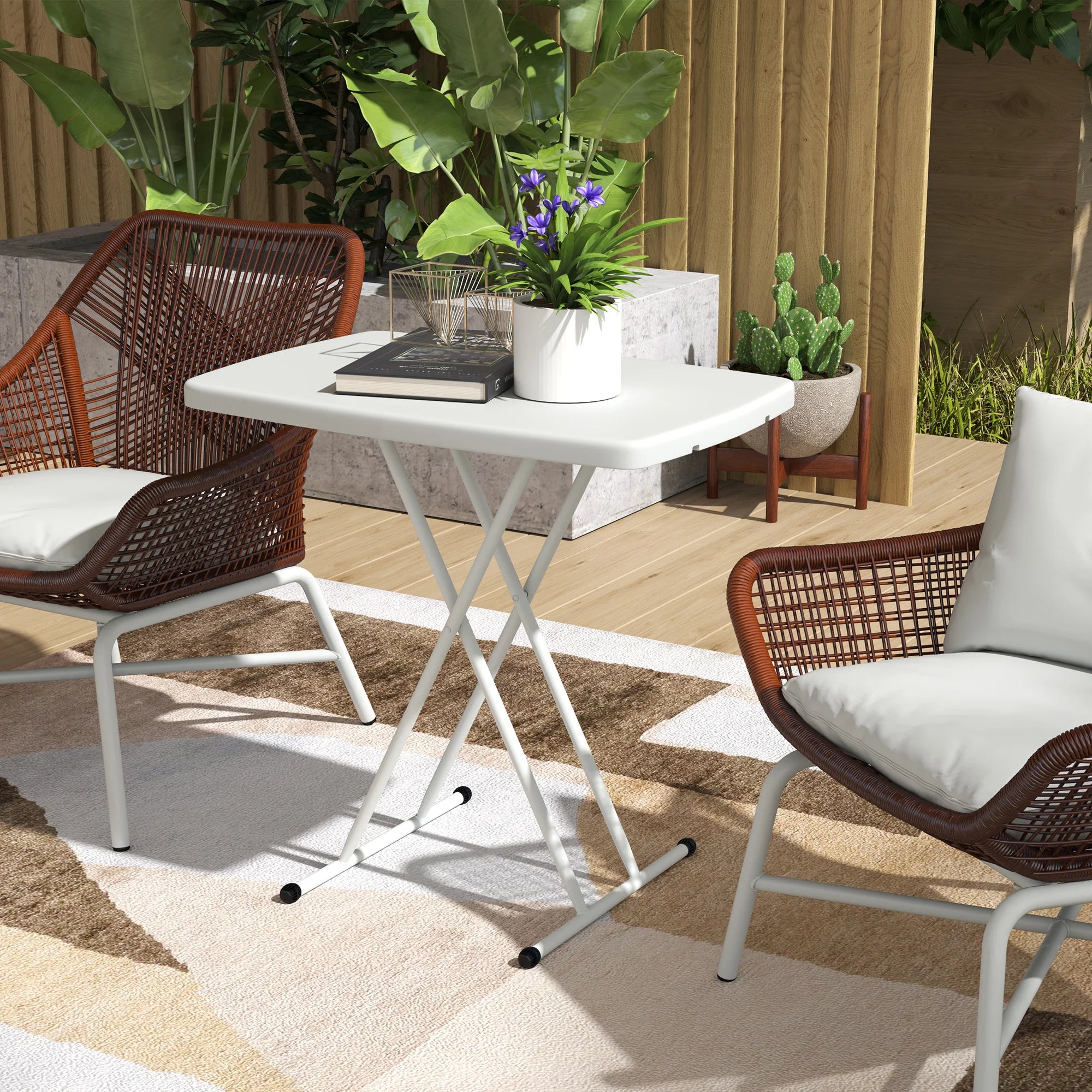Portable Folding Garden Table 6 Adjustable Heights 6-74cm HDPE Top Metal Frame Bistro Table White