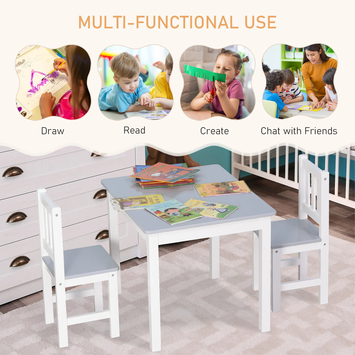 3 Piece Kids Table and Chair Set 60x50x48cm Pine Wood and MDF Toddler Desk with 2 Chairs Grey and White