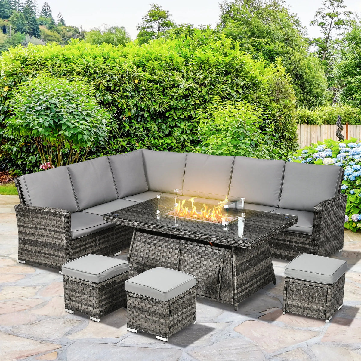 7-Piece Rattan Garden Sofa Set with Fire Pit Table, Footstools and Cushions