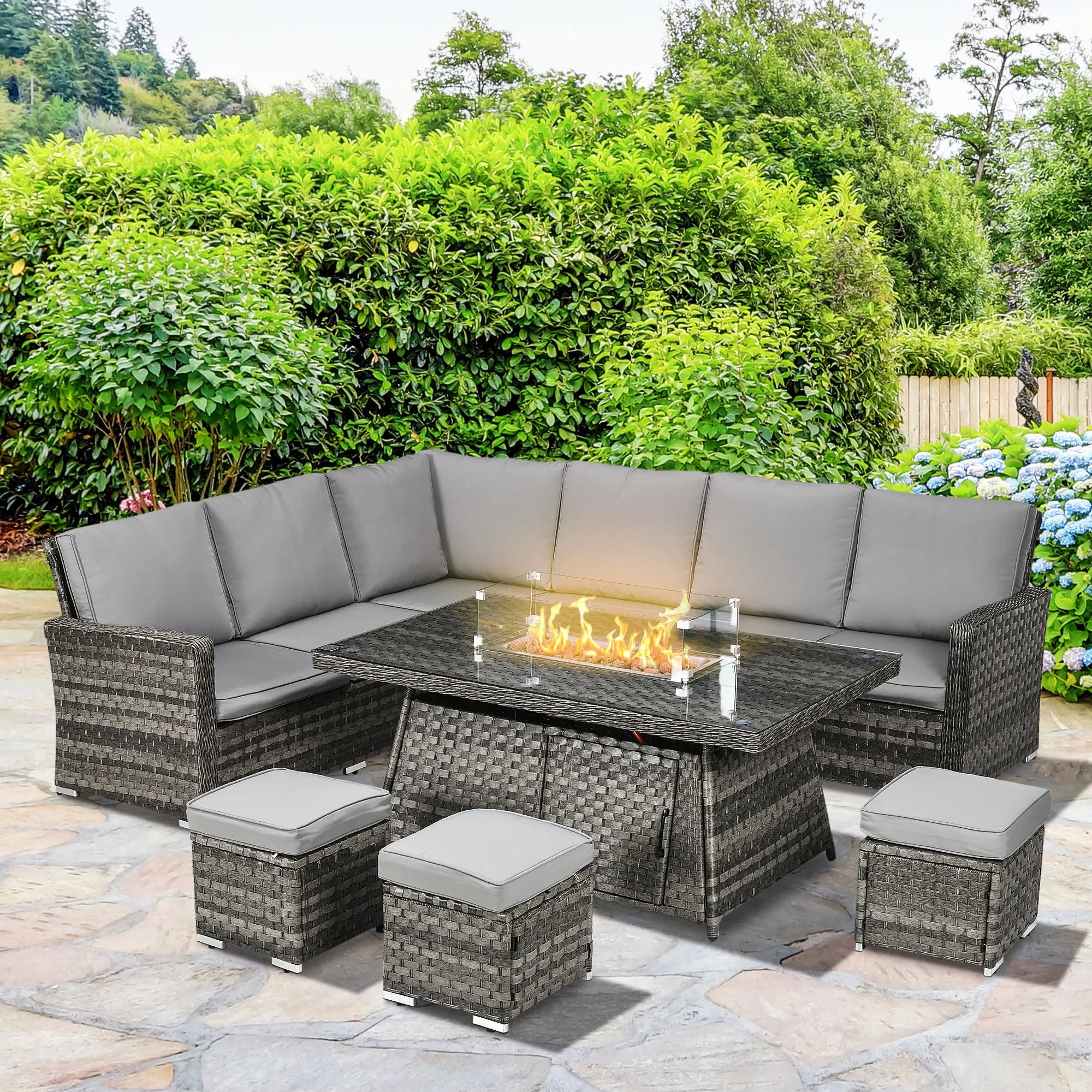 7-Piece Rattan Garden Sofa Set with Fire Pit Table, Footstools and Cushions