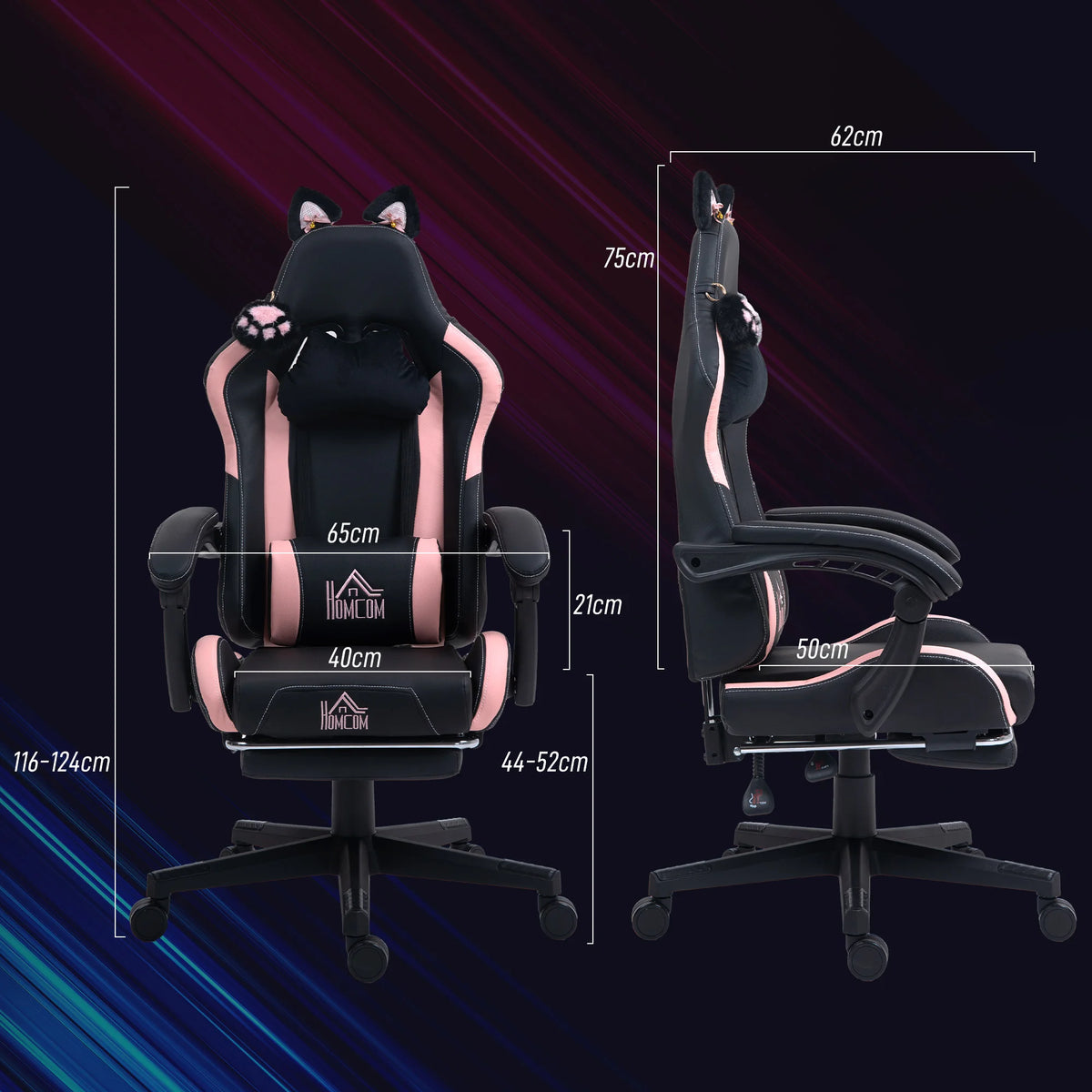Cat Ear Gaming Chair with Footrest, Reclining Faux Leather Desk Chair, Black and Pink