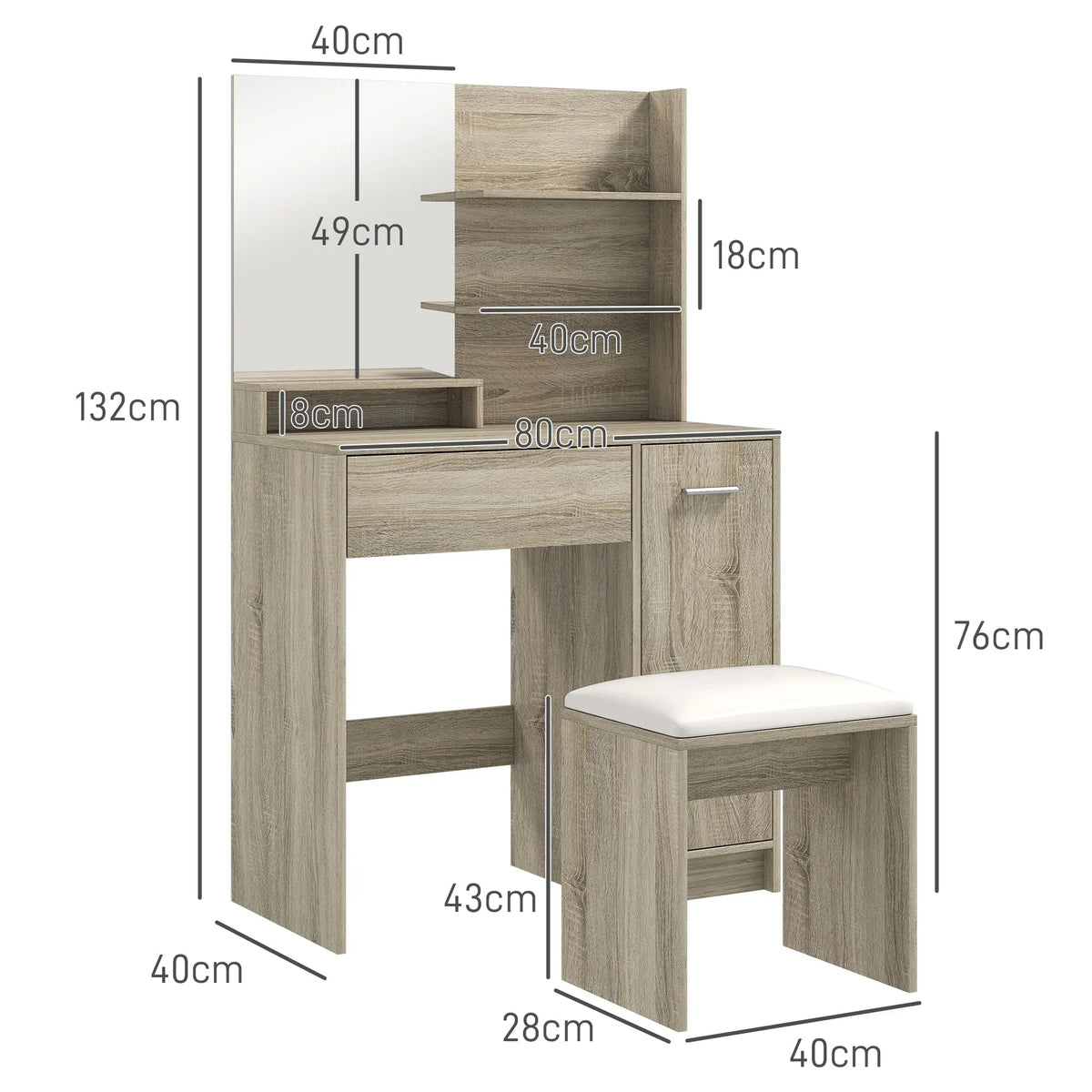 Dressing Table with Copper Free Mirror 3 Upper Shelves Drawer Cupboard and Padded Faux Leather Stool
