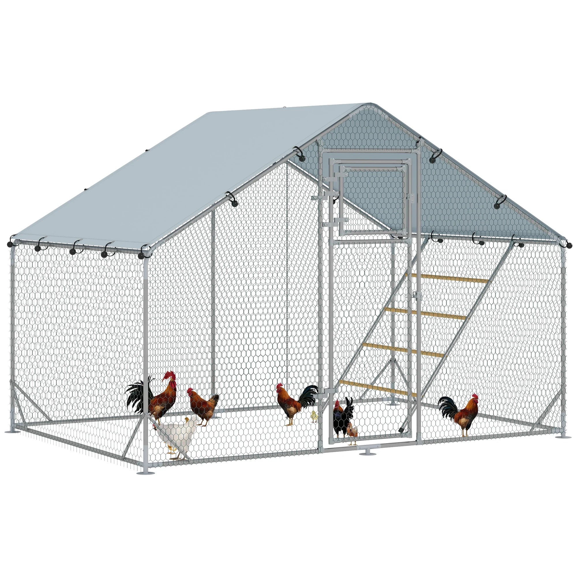 Walk-In Chicken Run with Waterproof UV-Resistant Cover Feeding Door Hanging Feeder and Perch for Chickens Ducks and Rabbit