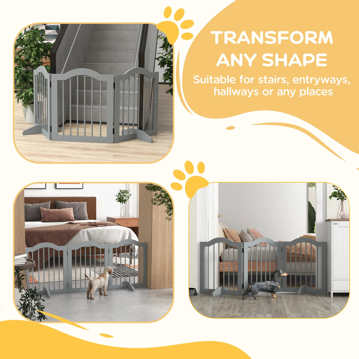 3 Panels Dog Gate w/ Support Feet Safety Barrier Freestanding Wood