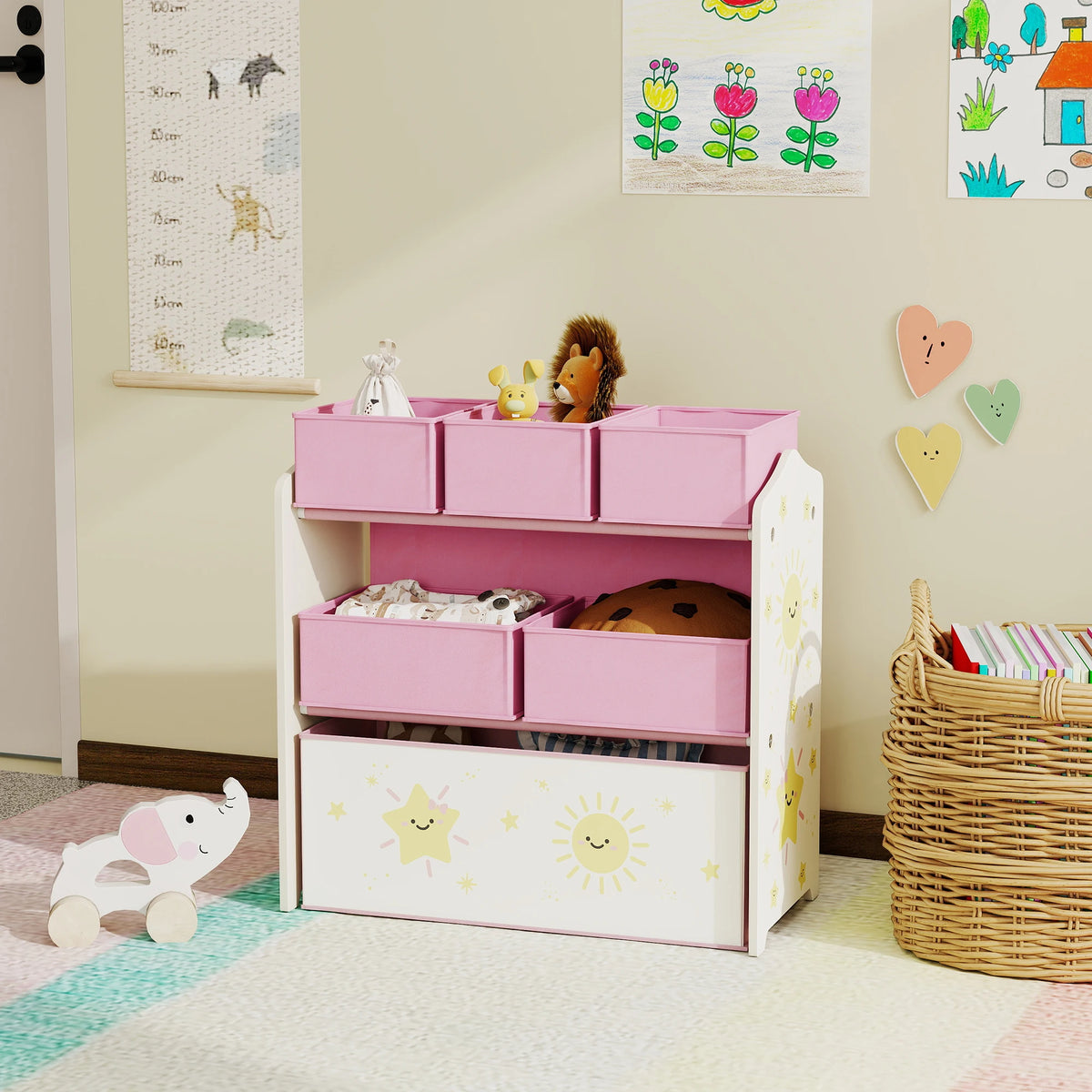 3 Tier Kids Storage Shelf with 6 Removable Fabric Boxes Bookshelf Organiser Rounded Corners