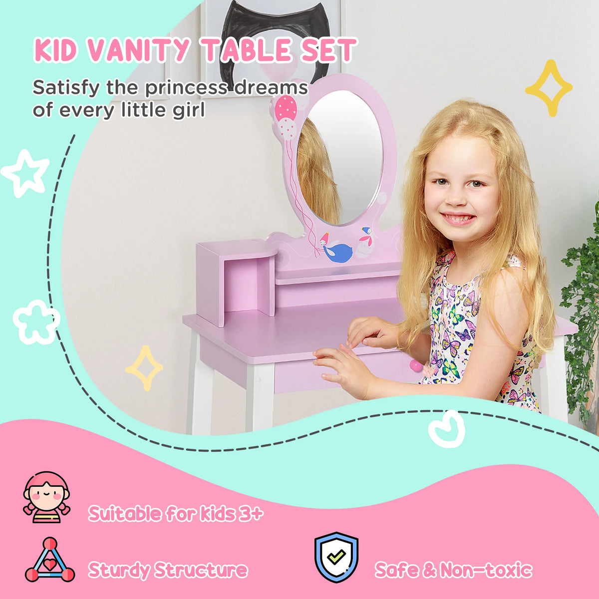 Kids Wooden Dressing Table and Stool with Mirror Pine Wood and MDF Toddler Vanity Set Pink and White