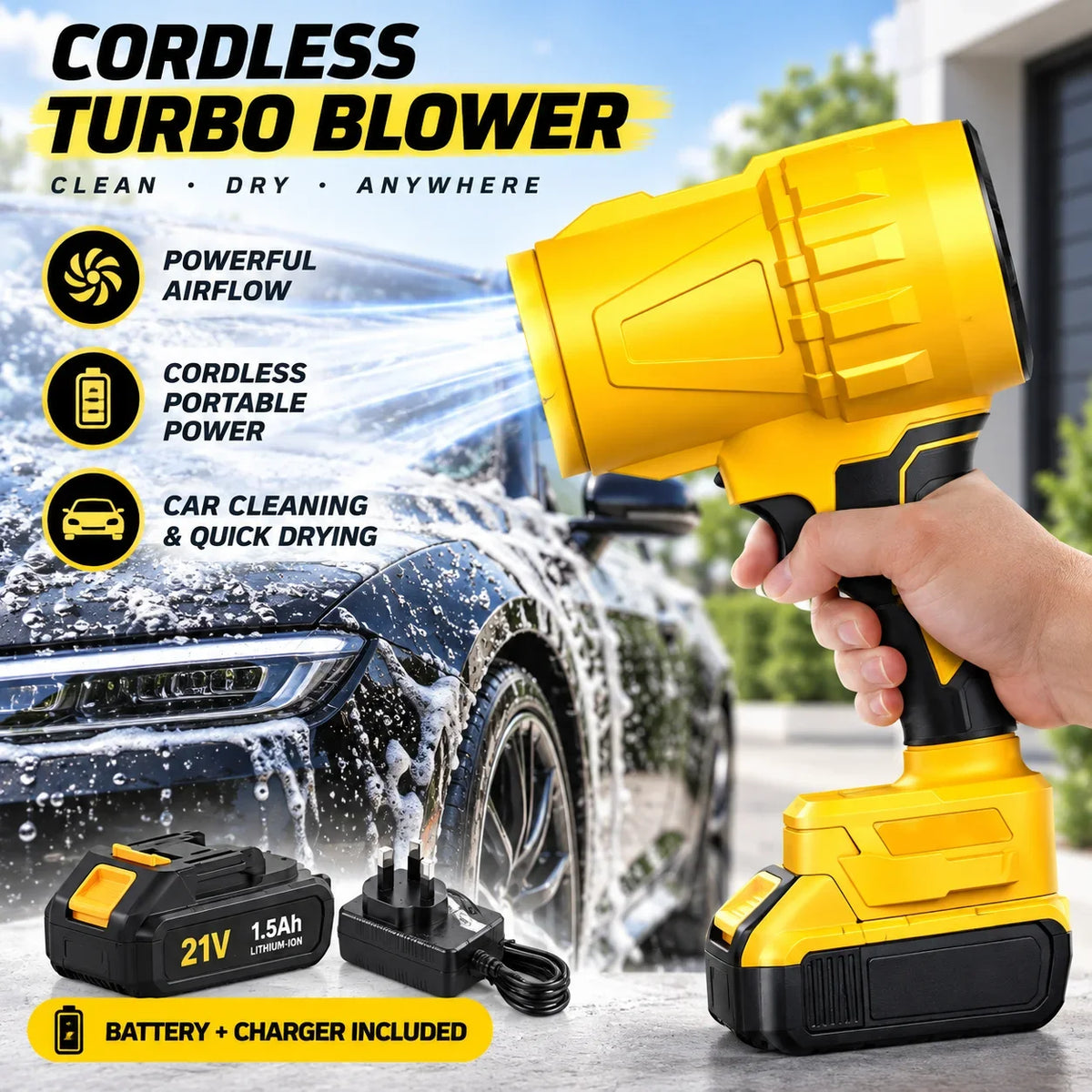 Cordless Air Blower for 18V-21V Batteries, 4 Speeds, 3 Nozzles