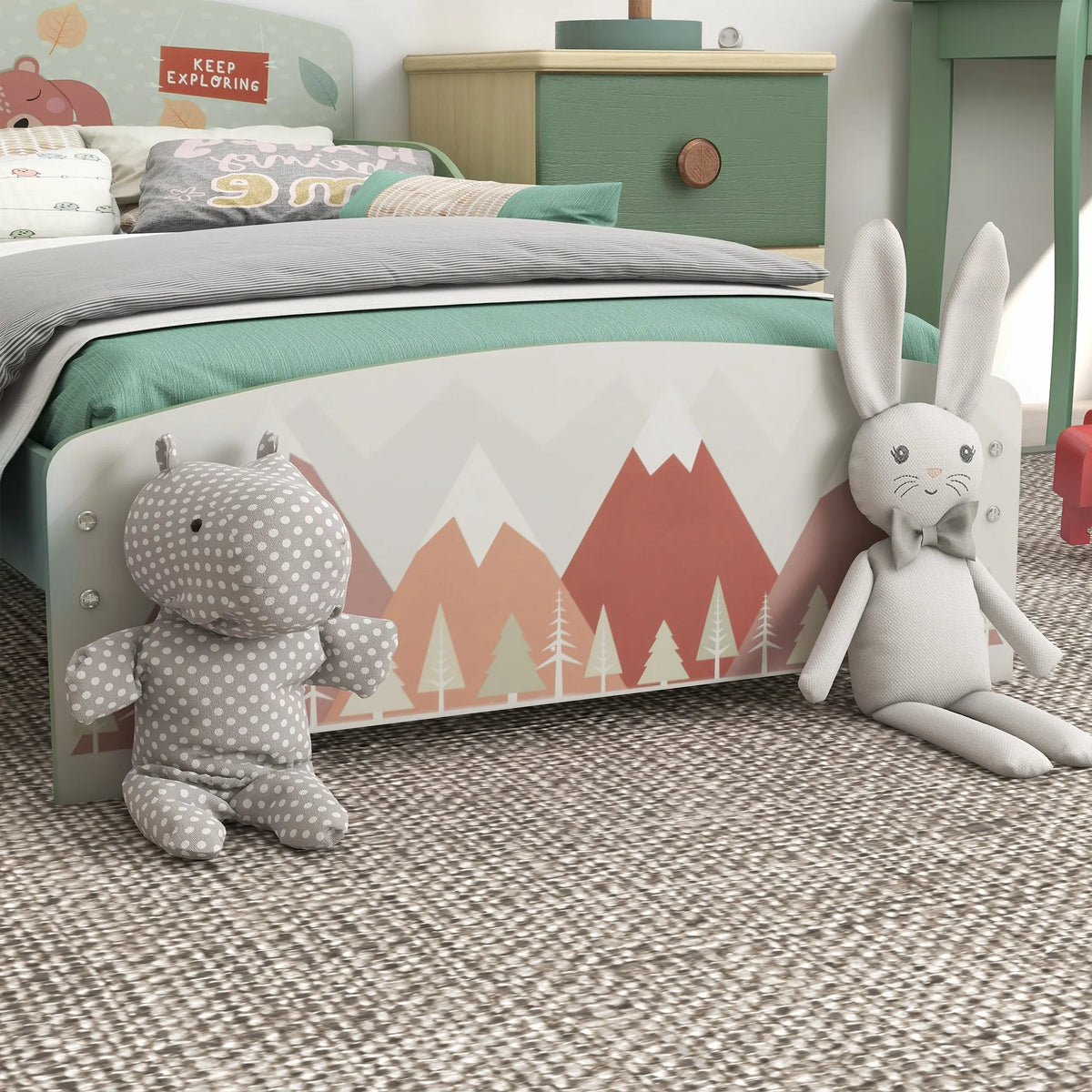 Toddler Bed Frame with Animal Design and Side Rails, 143 x 77cm, Green