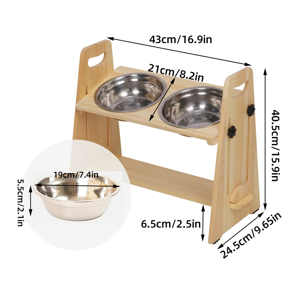 Height Adjustable Elevated Dog Bowl Stand Pine Wood 2 Stainless Steel Bowls 43x24.5x40.5cm