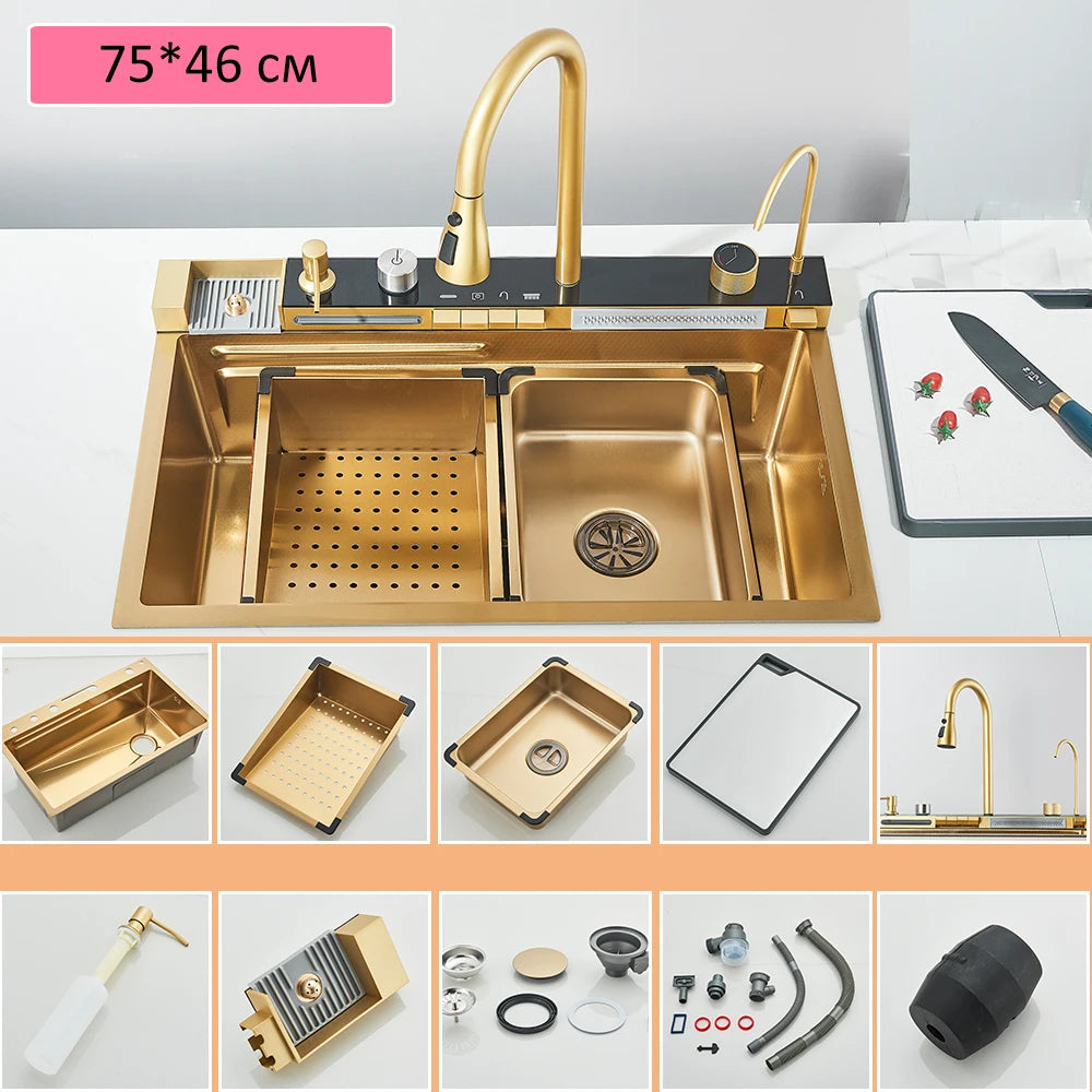 60 x 45cm Stainless Steel Single Bowl Kitchen Sink with Waterfall Faucet and Cup Washer, Above Counter
