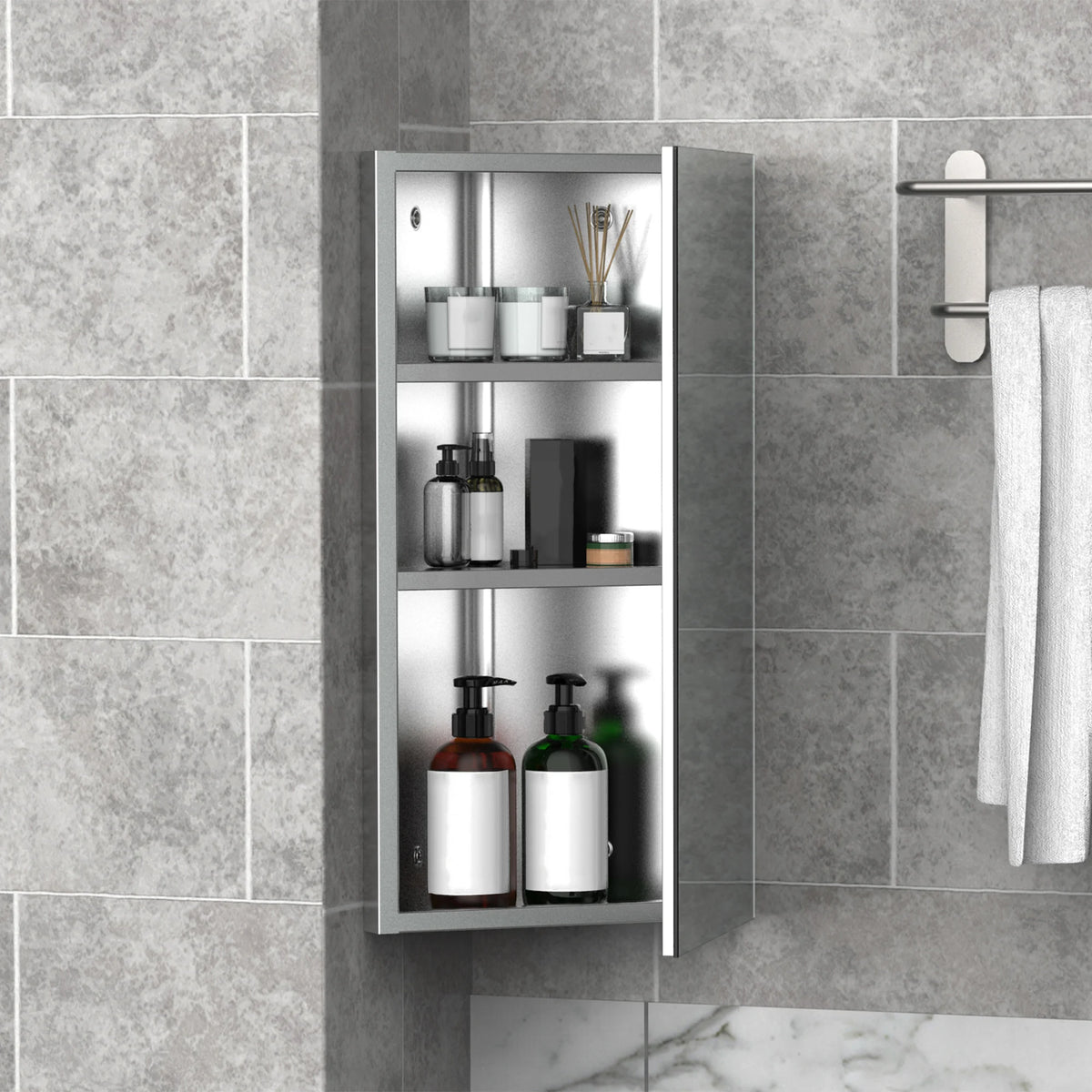 Bathroom Corner Mirror Cabinet Wall Mounted Stainless Steel with 3 Shelves and Frameless Mirrored Door