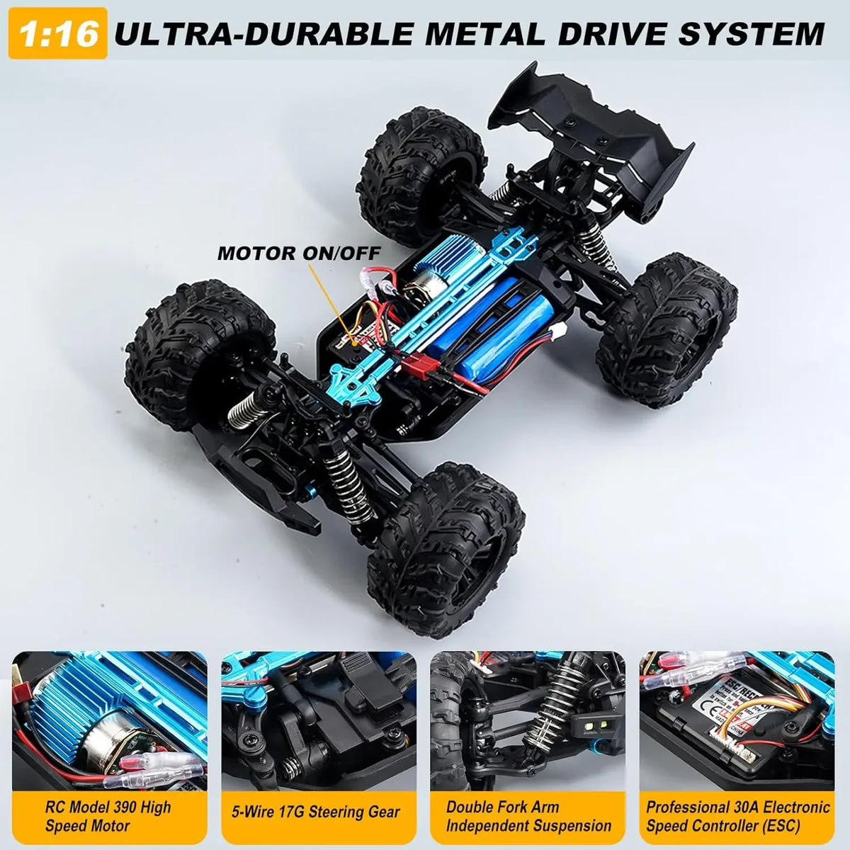1:16 Scale 4WD RC Car 50km/h High Speed Off-Road Monster Truck with LED Lights Drift and Remote Control for Boys