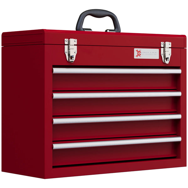 4 Drawer Steel Tool Chest with Ball Bearing Runners and Top Compartment, Red