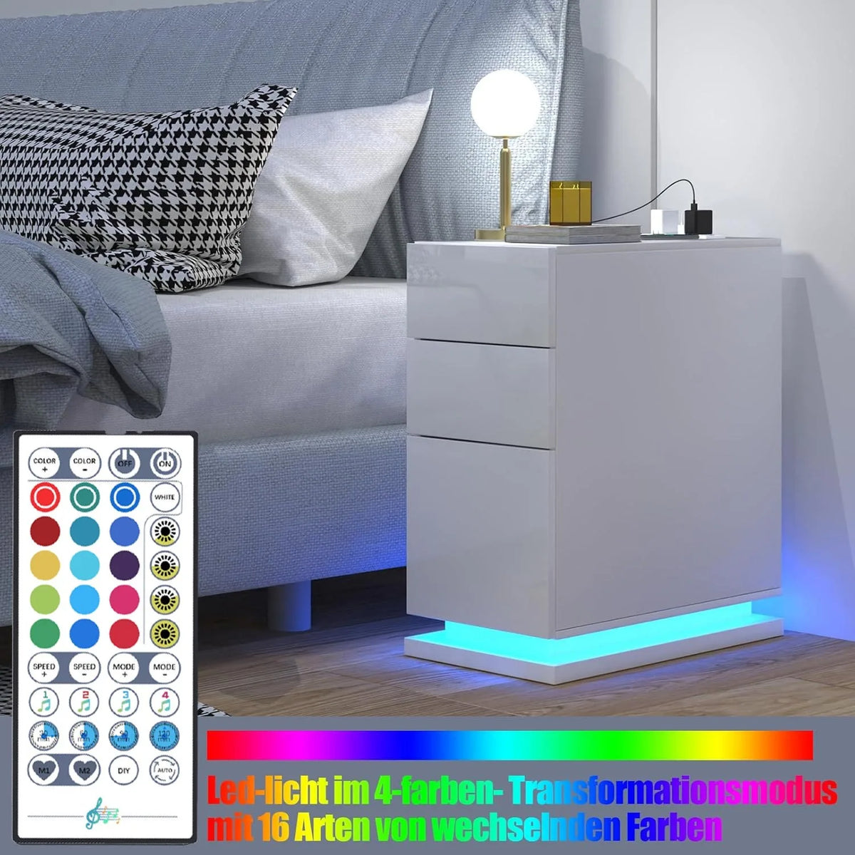 White Bedside Table with 3 Drawers, LED Strip, and Charging Station | 2AC 2USB Nightstand with App Control