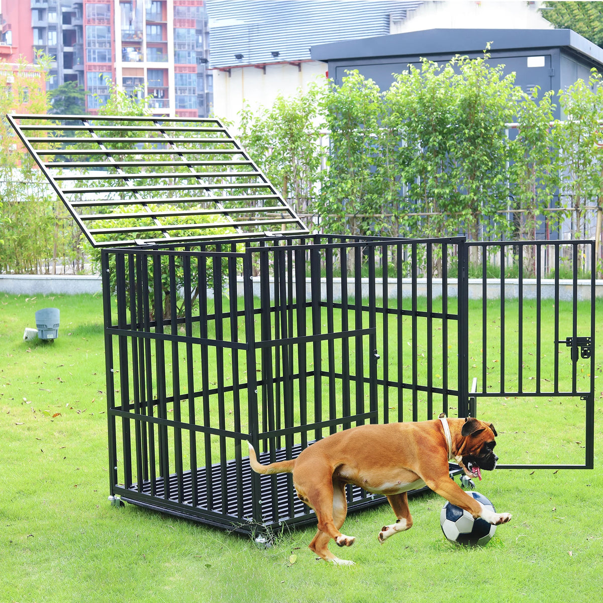BINGOPAW Large Heavy Duty Dog Crate 95x57x81cm 4 Lockable Wheels 3 Doors Tray for Medium Large Dogs