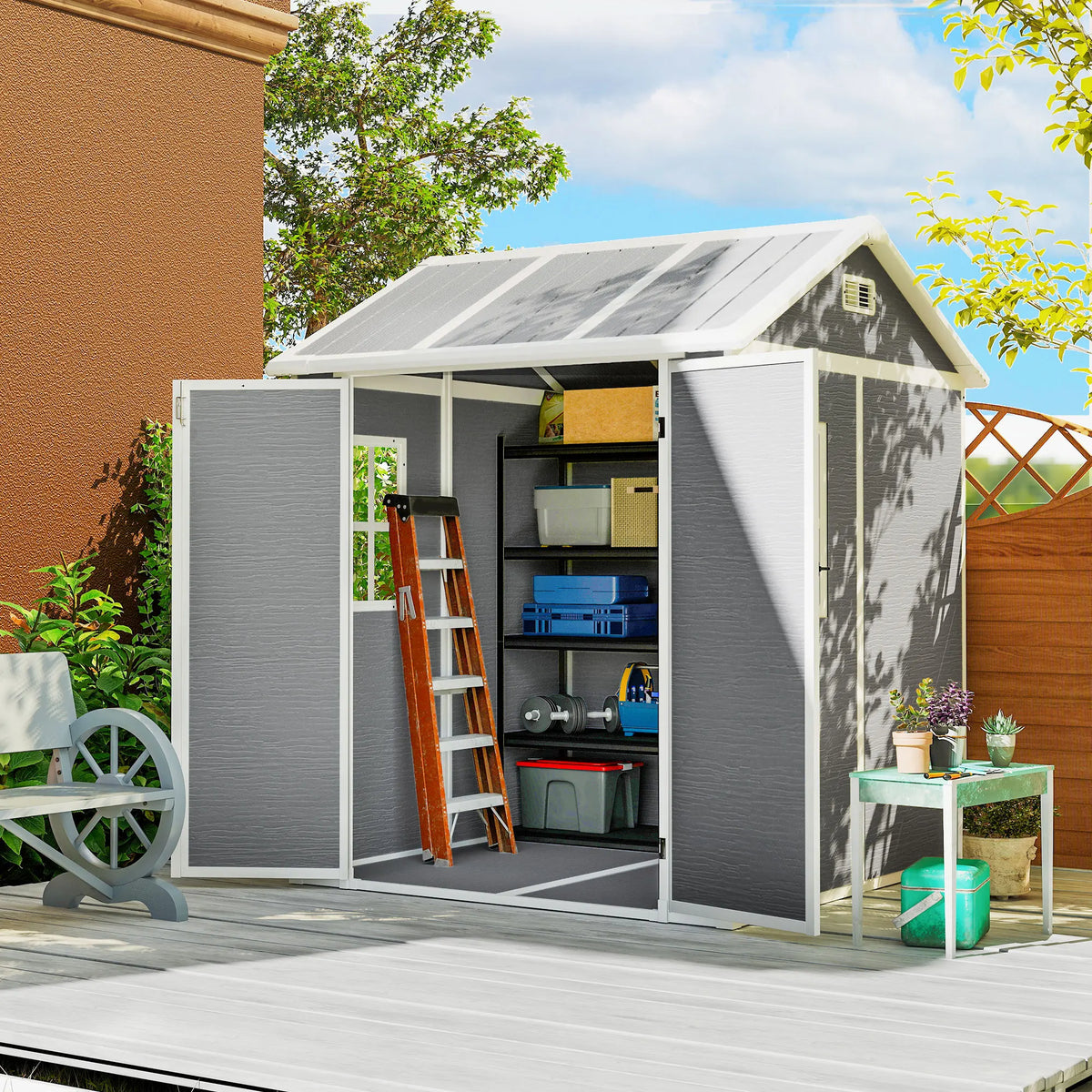 6x6ft Plastic Garden Shed with Floor, Window, Vents, Grey