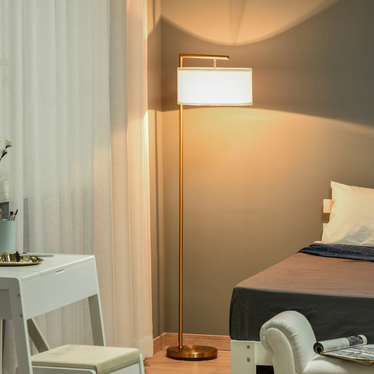 Modern Floor Lamp with Linen Shade and Foot Switch, Gold Tone and White
