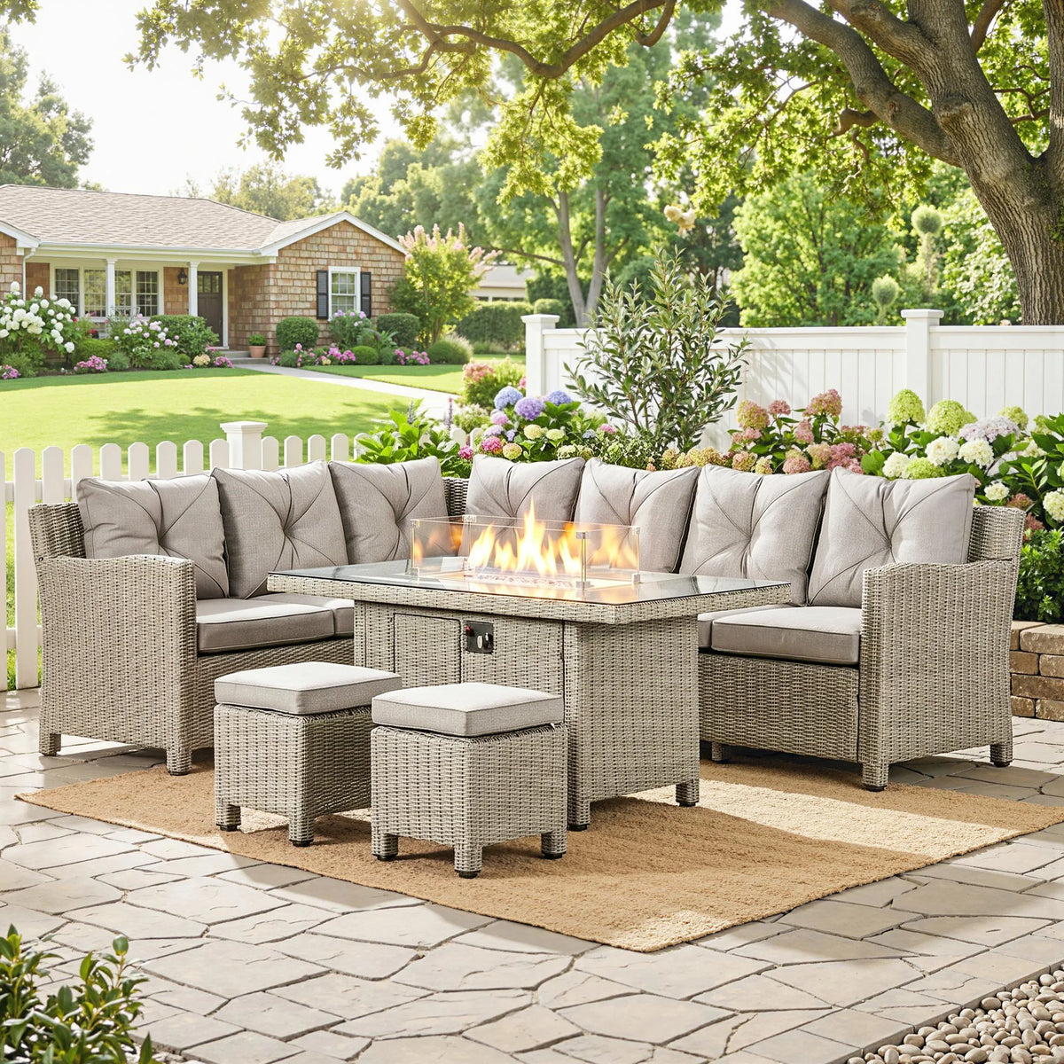 5 PCs Outdoor Rattan Corner Dining Set with Footstools and Gas Fire Pit Table