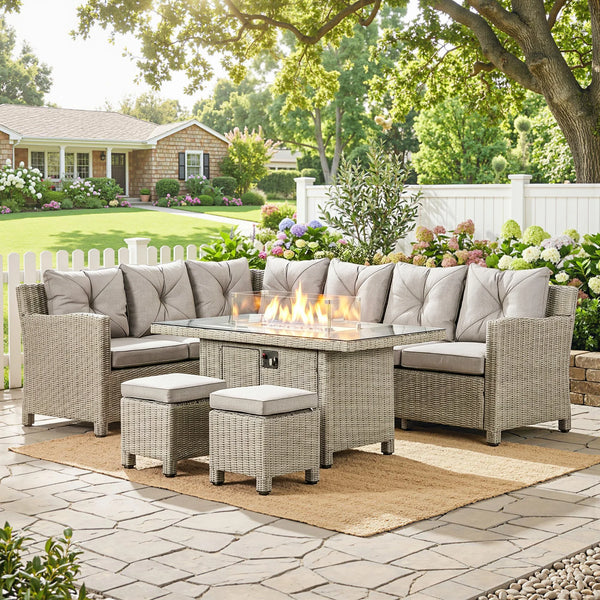 5 PCs Outdoor Rattan Corner Dining Set with Footstools and Gas Fire Pit Table