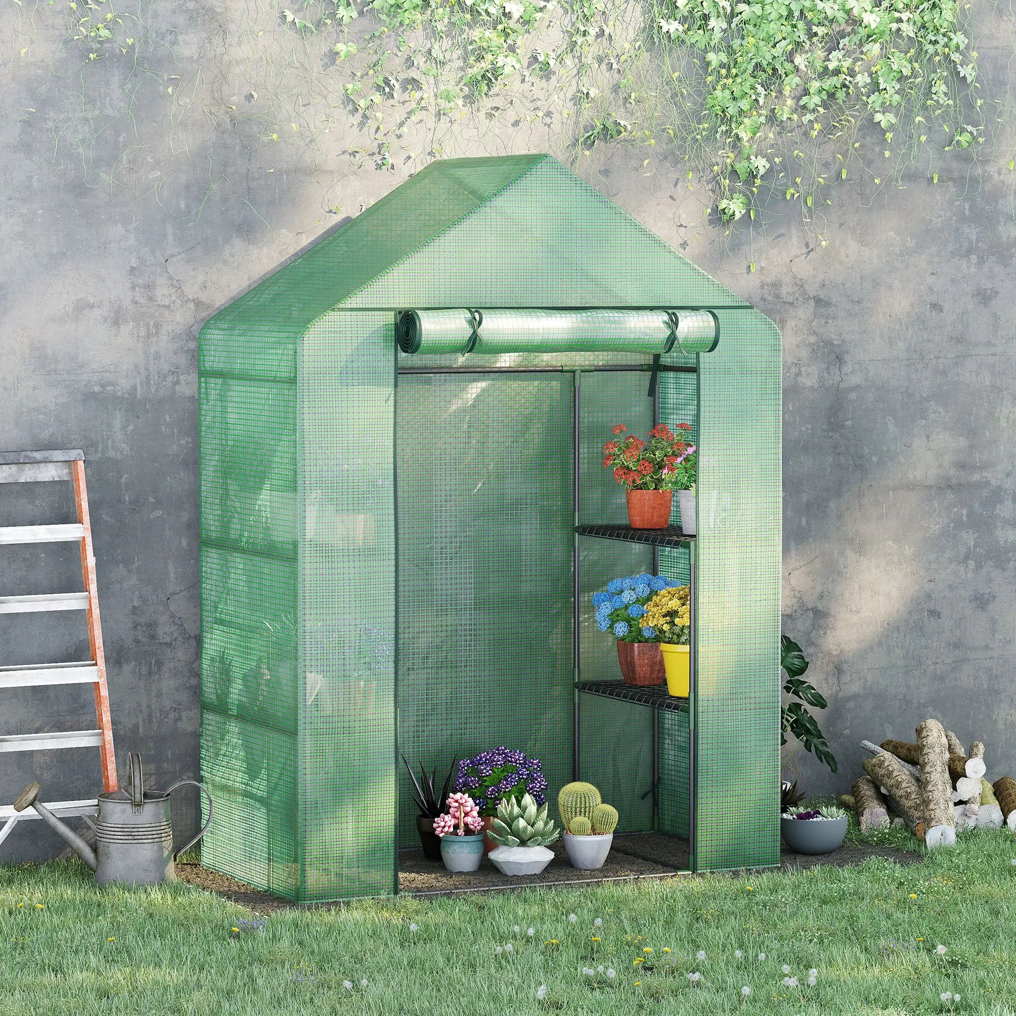 Walk-In Greenhouse with 2-Tier Shelves, Roll-Up Zipped Door and 140gsm PE Cover