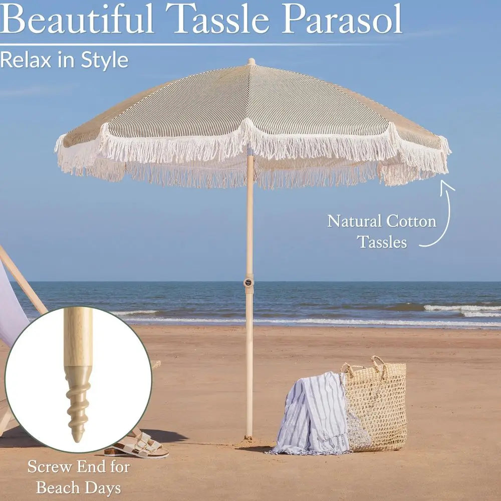 2m Tilting Garden Parasol with Cotton Tassels, Portable Beach Umbrella, UV50, Taupe Stripe