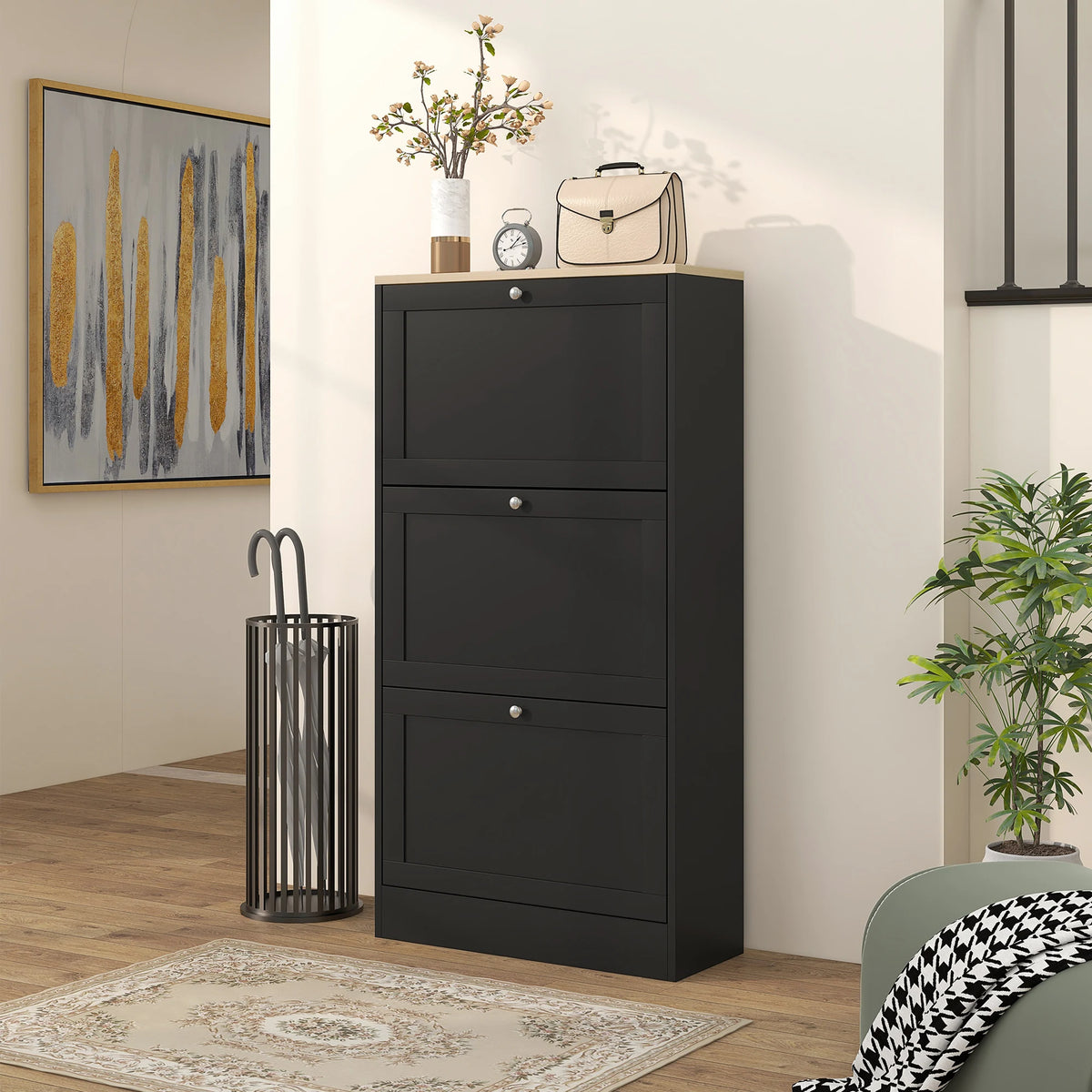 Narrow Shoe Cabinet with 3 Flip Drawers, Holds 18 Pairs, 60 x 23.5 x 115 cm, Black