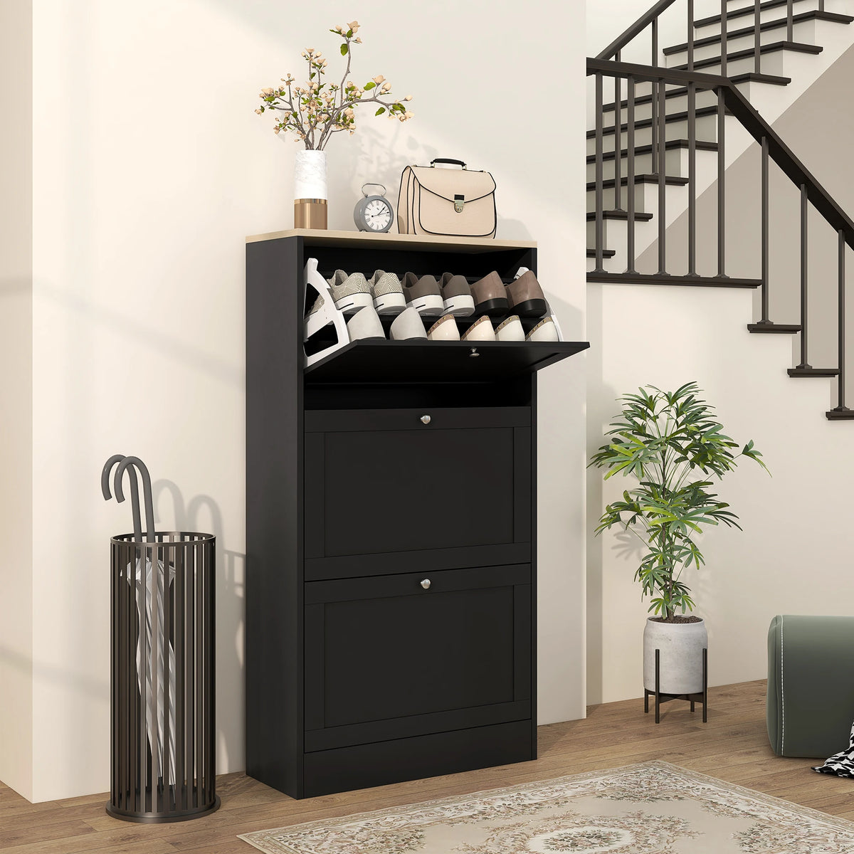 Narrow Shoe Cabinet with 3 Flip Drawers, Holds 18 Pairs, 60 x 23.5 x 115 cm, Black