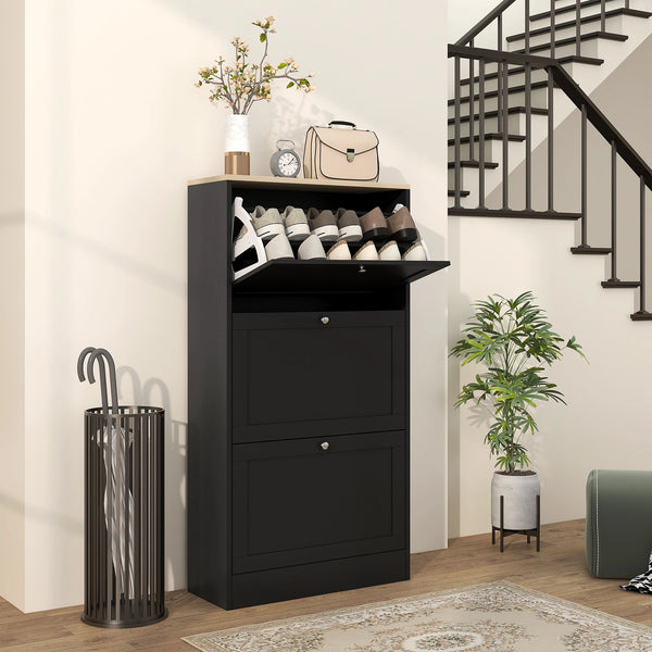 Narrow Shoe Cabinet with 3 Flip Drawers, Holds 18 Pairs, 60 x 23.5 x 115 cm, Black
