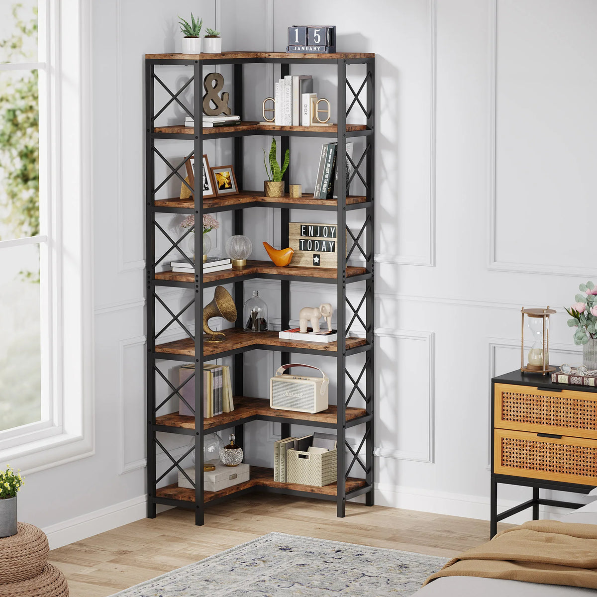7-Shelf Large Corner Bookcase 200cm Tall with Metal Frame | L-Shaped Display Shelf for Living Room Office