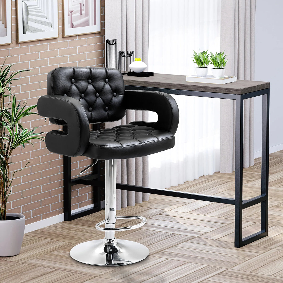 Adjustable Height Barstool, Steel Pole PU Leather, Black