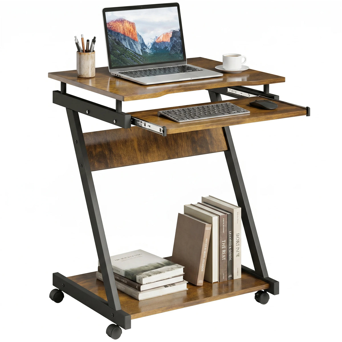 Mobile Computer Desk with Keyboard Tray and Lockable Wheels, Rustic Brown