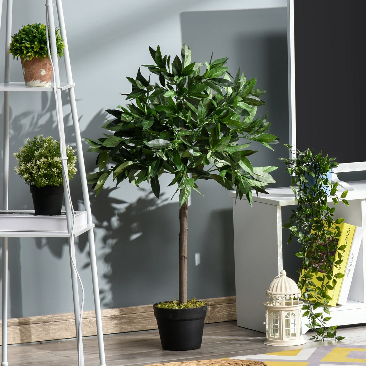 Set of 2 Artificial Bay Laurel Topiary Trees 90cm with Cement Filled Pots Faux Plants for Indoor Outdoor