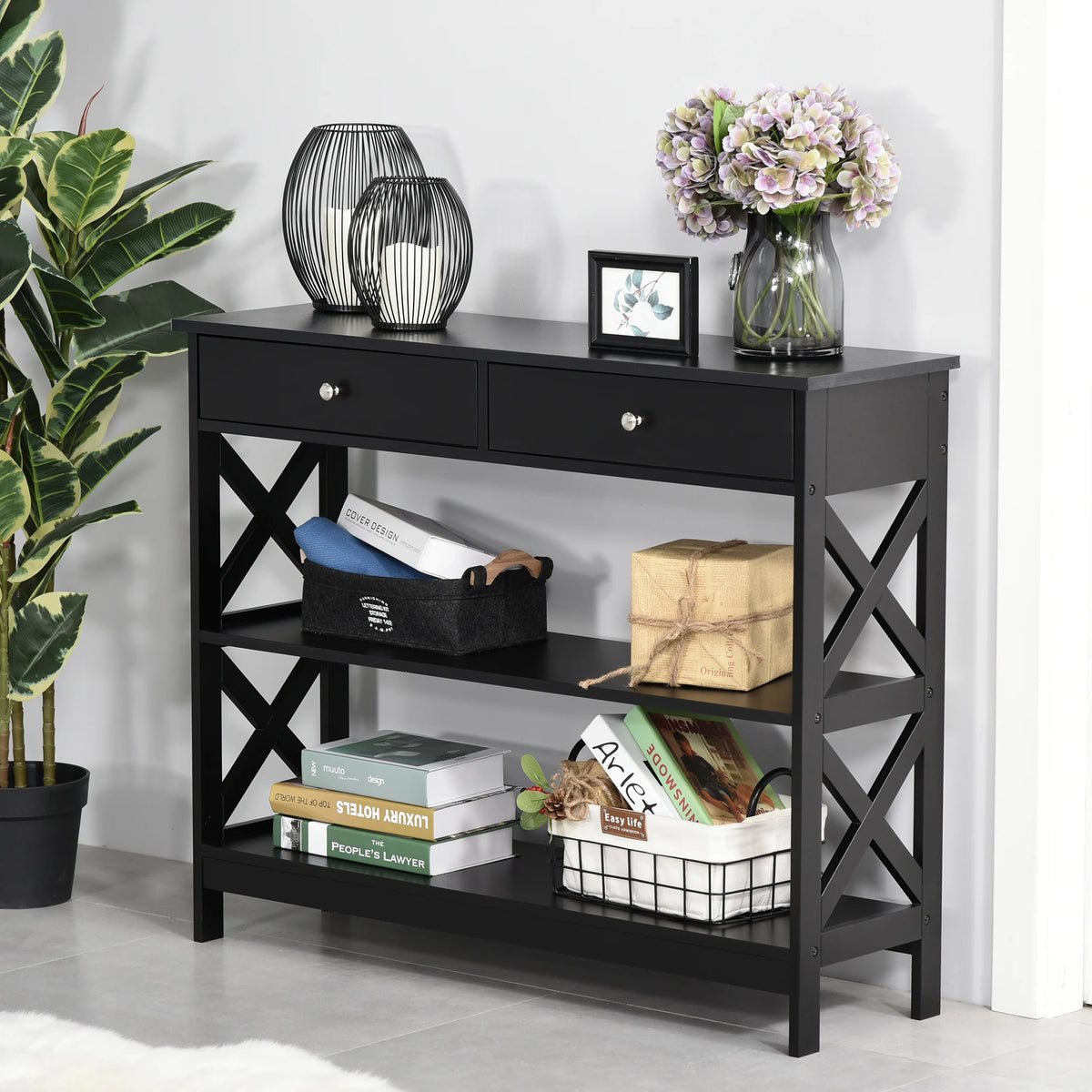 Console Table with Shelves and Drawers, X-Support Hallway Side Table
