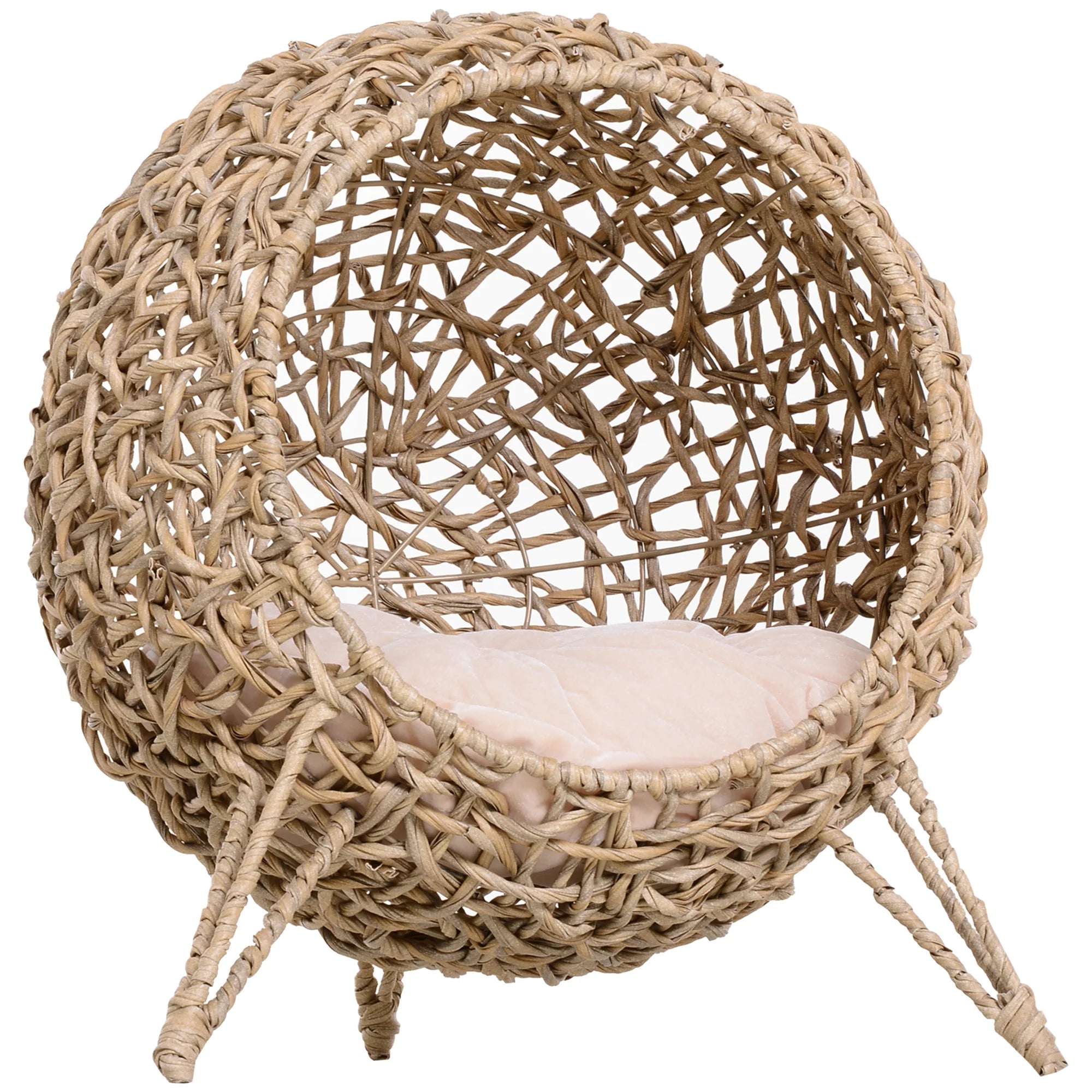 Wicker Cat House Ball Shaped Rattan Raised Cat Bed with Cushion Three Leg Metal Base for Cats under 5kg