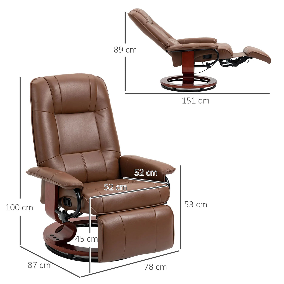 Swivel Recliner Armchair with Footrest, Faux Leather, Brown