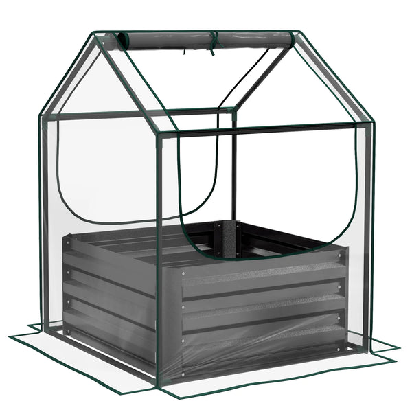 Raised Garden Bed with Greenhouse Cover, Planter Box, Clear and Dark Grey