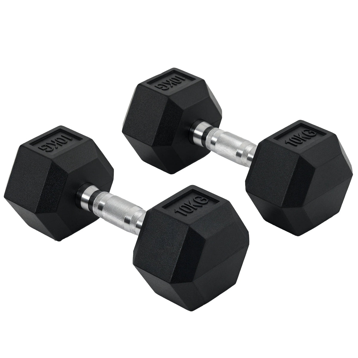 2 x 10kg Rubber Hex Dumbbells, Pair of Hand Weights with Knurled Handle, Black
