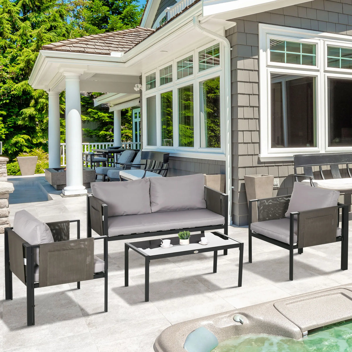 4 Piece Garden Sofa Set with Tempered Glass Coffee Table, Light Grey