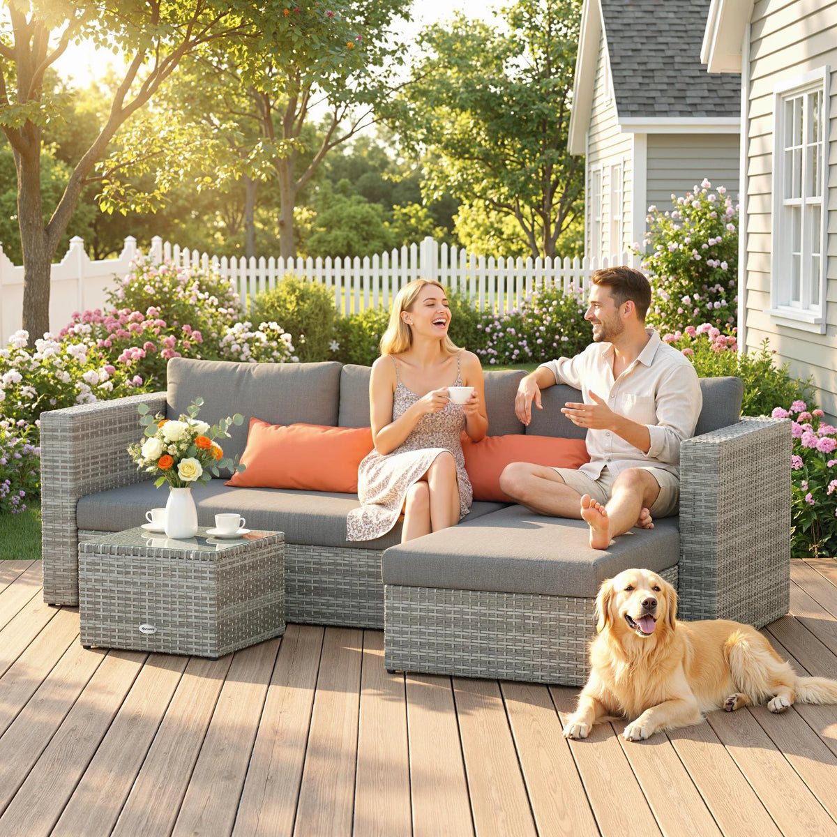 3-Piece Outdoor PE Rattan Furniture Sofa Set with Tempered Glass Table & Cushions