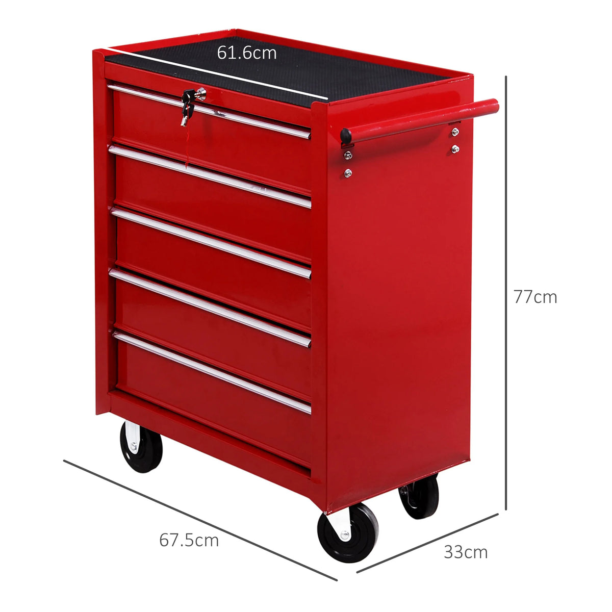 Tool Trolley with 5 Drawers Powder Coated Steel Chest on 4 Wheels 2 Brakes Top Lock and EVA Mats Red
