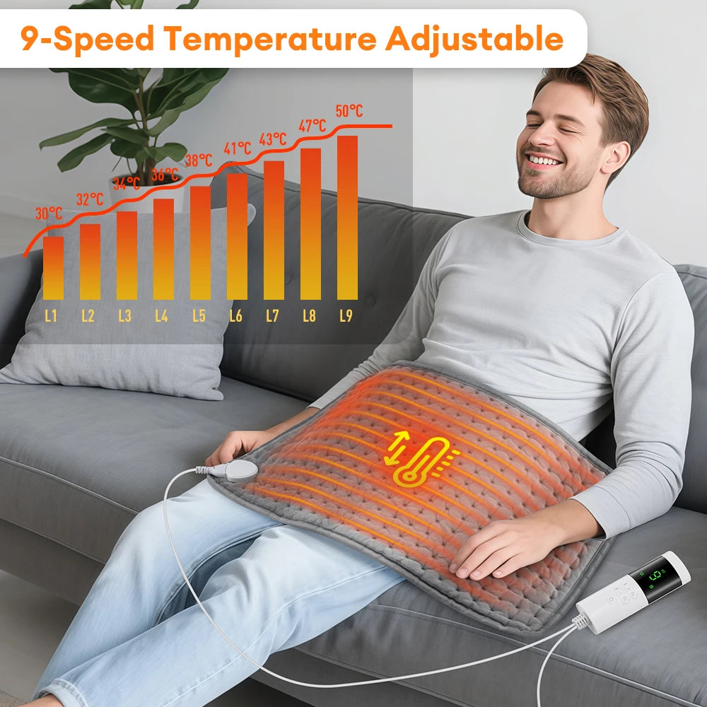 Electric Heating Pad 30 x 60cm, Double-Sided Soft Fleece with 9 Heat Levels and Timer, UK Plug