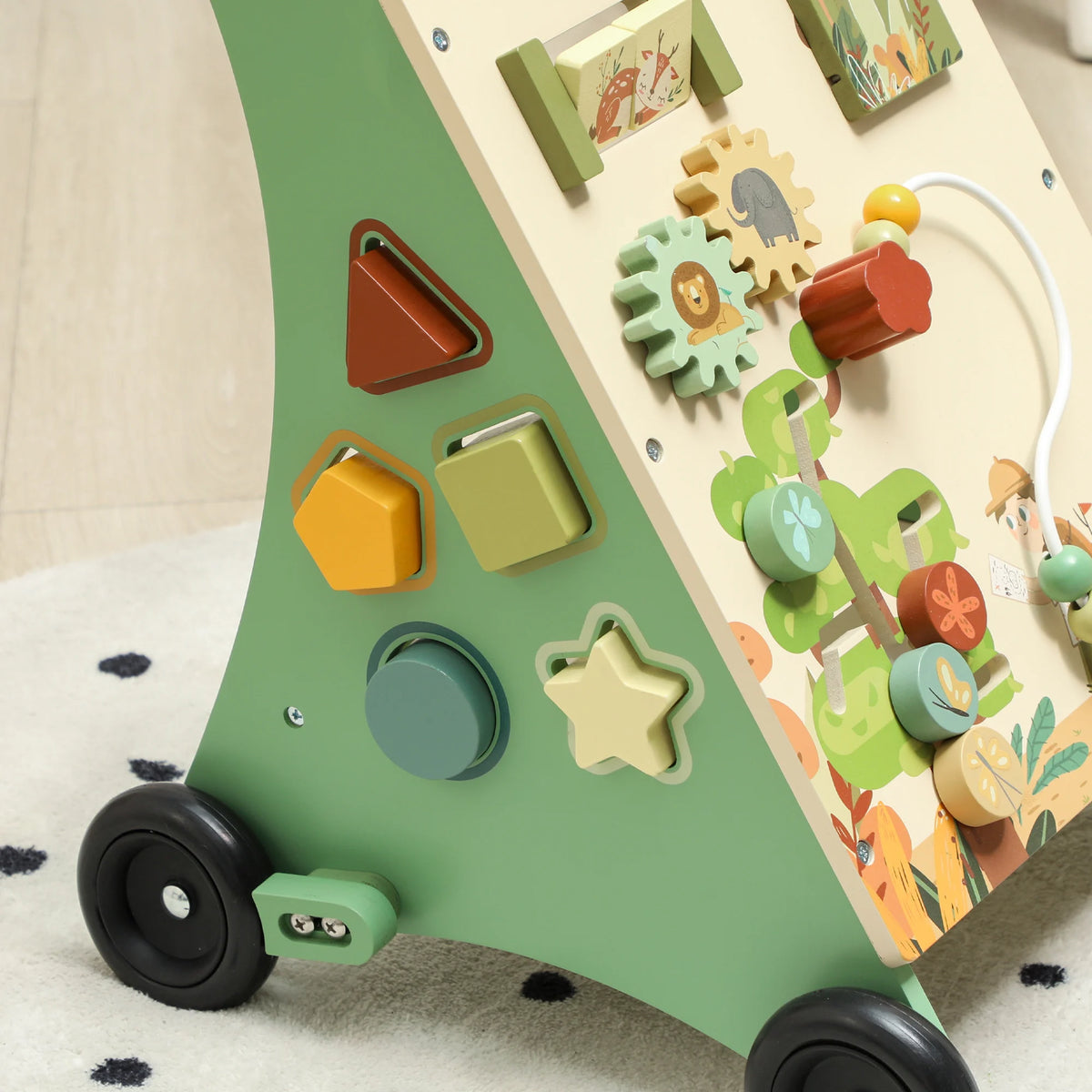 Wooden Baby Walker with Speed Control, Xylophone, Gears and Bead Maze, Green