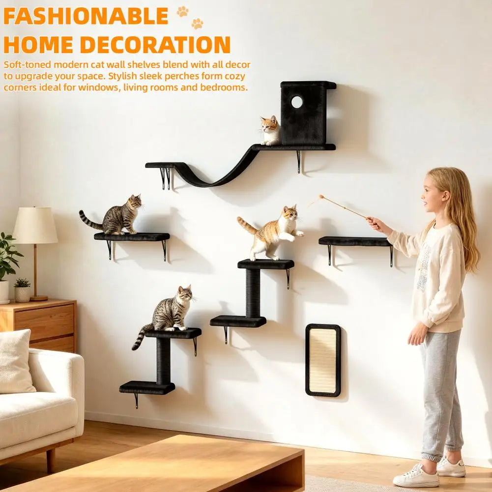 6 in 1 Cat Wall Shelves Wall Mounted Floating Furniture Bed Scratching Post Perch Bridge Condo Black