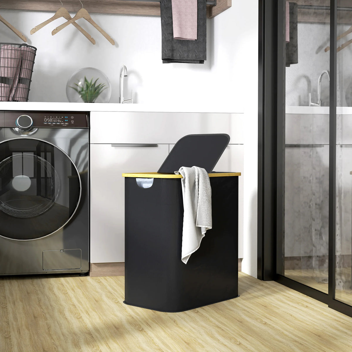Collapsible Laundry Hamper 80L with 2 Compartments and Lids Bamboo Frame 54x34x58.5cm Black