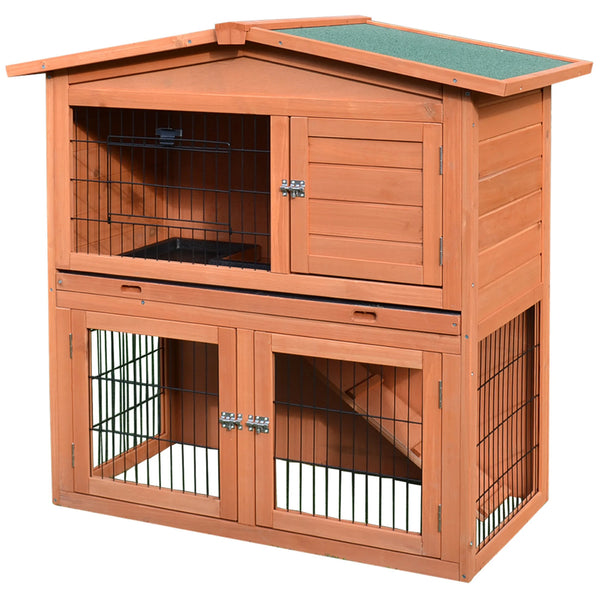 2 Tier Wooden Rabbit Hutch 100.5x55x101cm with Removable Divider 3 Doors Ramp and Slide Out Tray