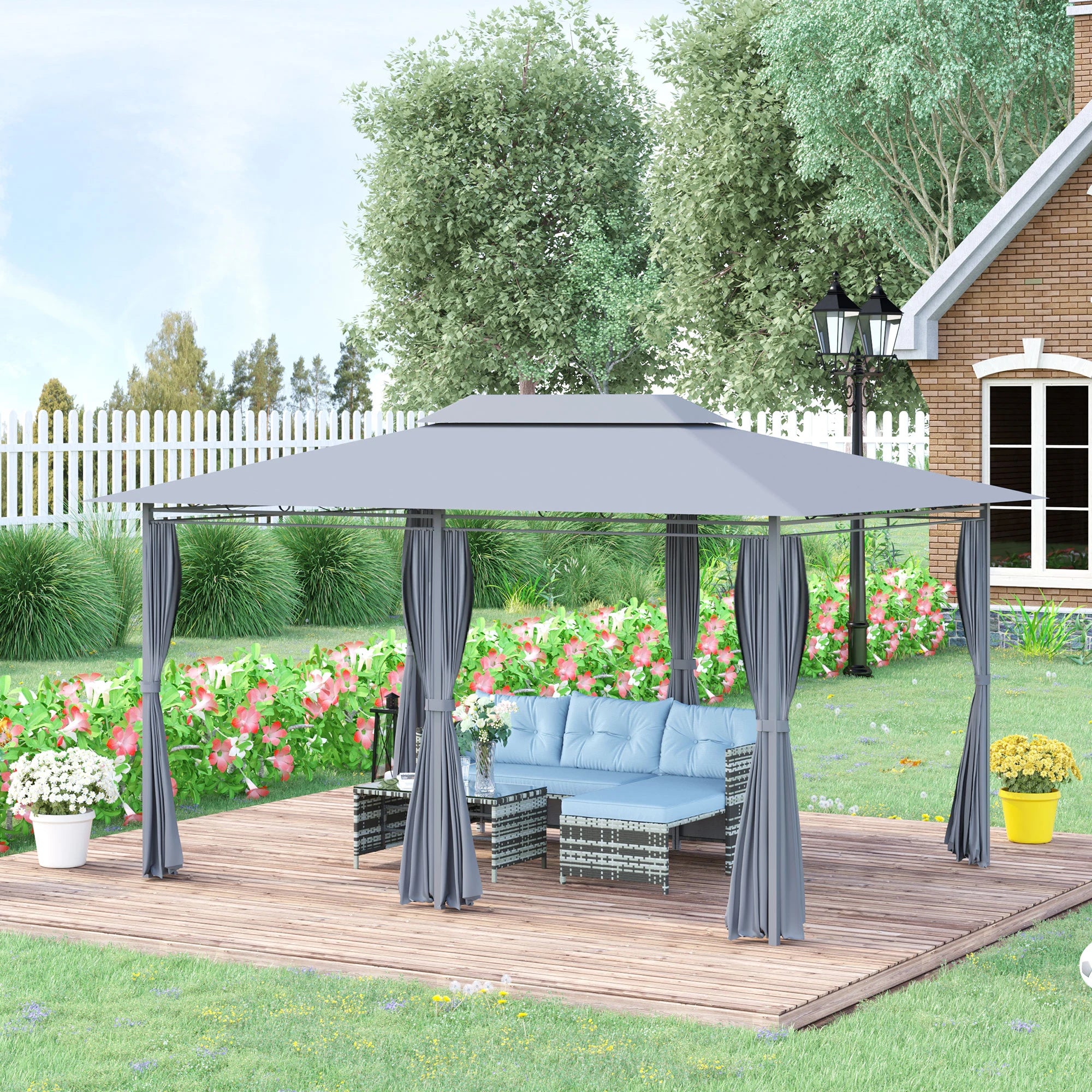 4 x 3m Garden Gazebo with Double Roof, UV-Resistant Curtains, Drainage Holes and Steel Frame